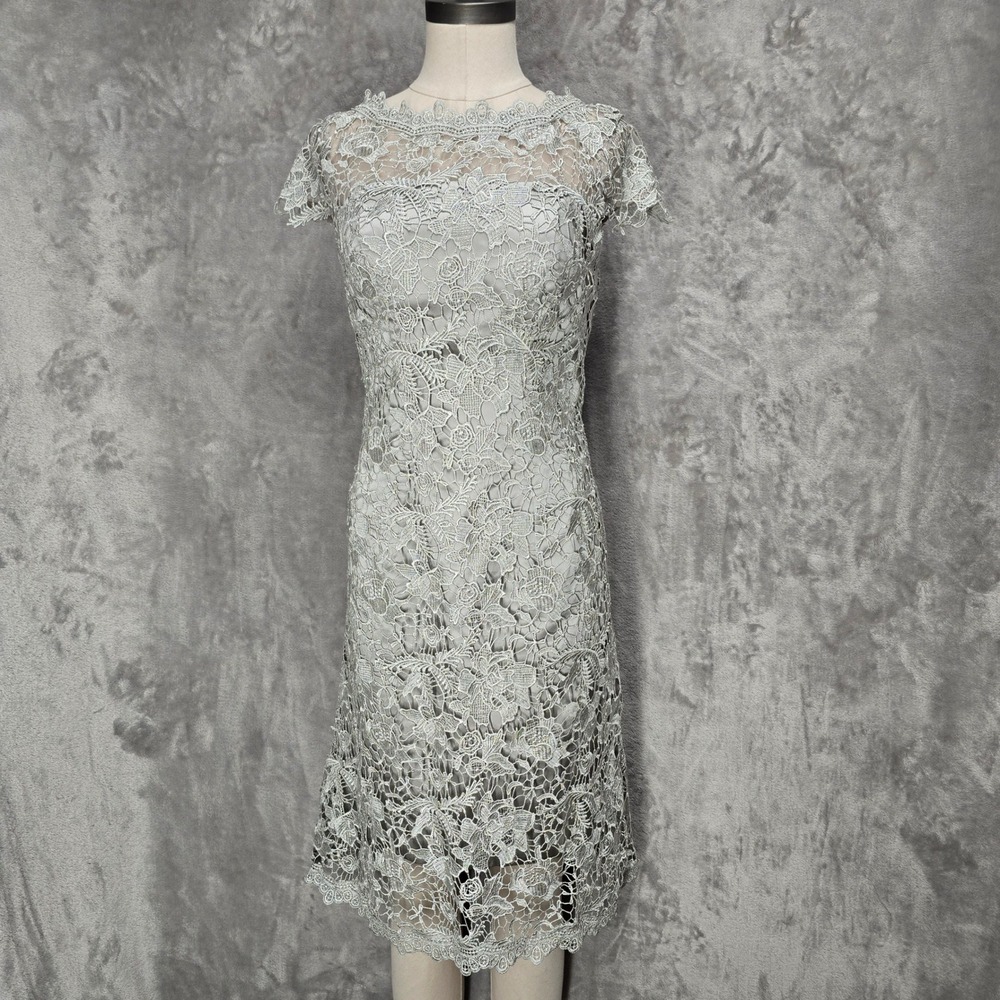 Zapaka Lace Sheath Dress Women 8 Silver Grey Cap Sleeve Floral Cocktail‎ Retro